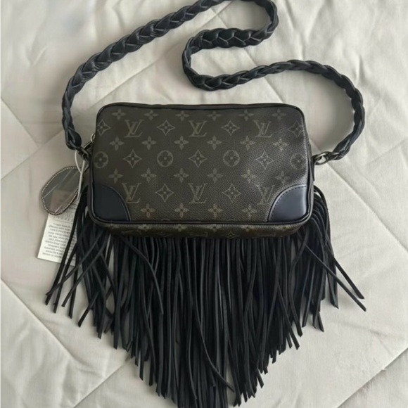 Vintage Boho LV Monogram Black Fringe Crossbody Bag
